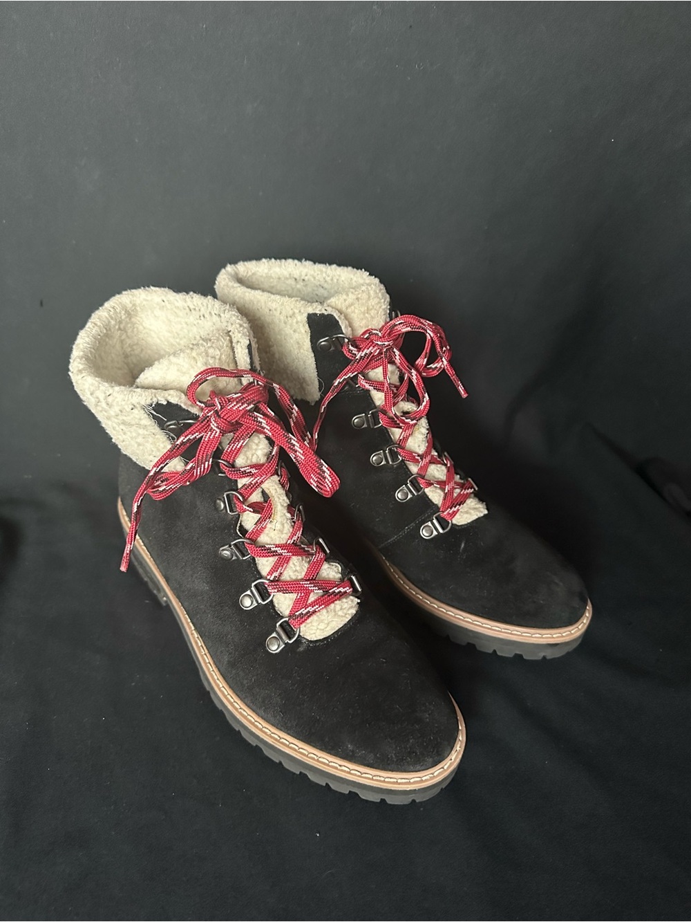 Women’s Black Suede Winter Ankle Boots with Cream Sherpa Red Laces combat 9